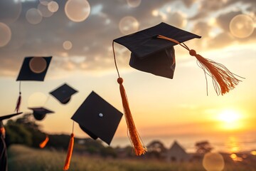 Graduation Caps Thrown in Air Celebrating Academic Achievement Sunset Background