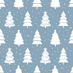 Seamless pattern white Christmas trees on a pale blue background, an atmosphere of comfort, celebration and tranquility. Ideal for Christmas decorations, packaging, postcards and winter designs.