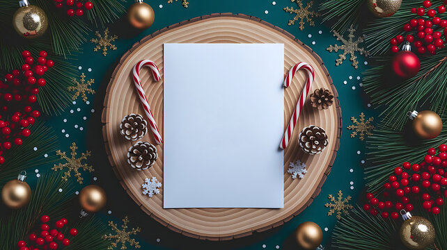 Christmas A4 size paper blank mockup with festive decorations. perfect for holiday flyers, menus, greeting cards, invitation, branding template, and seasonal announcement.
