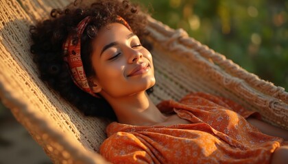 Young woman relaxes in woven hammock outdoors. Closes eyes, smiles, enjoying warm golden sun light on face, dark skin. Girl wears orange floral top, red patterned headband, curly hair. Tranquil