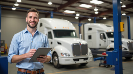 Efficient truck maintenance manager smiling while holding tablet in modern garage with large trucks in background