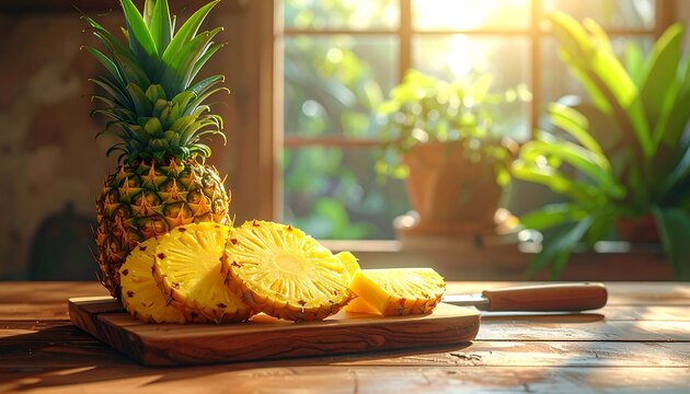 Pineapple Slices on Wooden Cutting Board. - Powered by Adobe