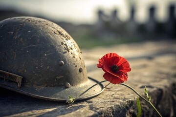 Military war helmet with red poppy flower