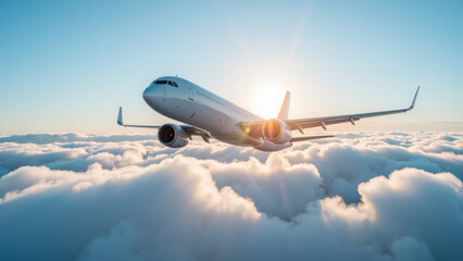 Obraz premium Commercial airplane soars above fluffy clouds during sunset, creating serene and uplifting atmosphere