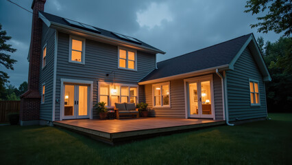 Cozy modern house illuminated at dusk, featuring large windows and wooden deck, surrounded by greenery