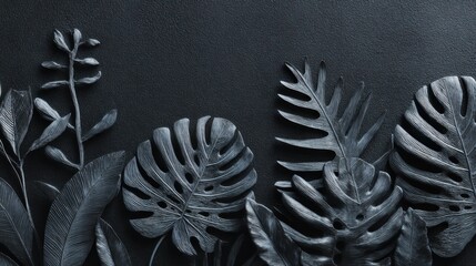 metallic tropical leaves on black background