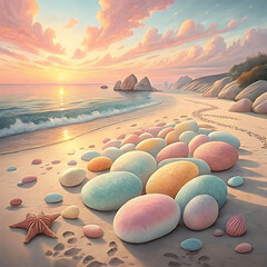 Soft Pastel-Colored Stones Lying on a Peaceful Beach During Sunrise, Ai Generated 
