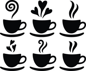 Black and white illustration of various coffee cup silhouettes with steam