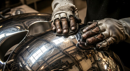 Craftsman's gloved hands meticulously polishing a curved, reflective metal object, showcasing industrial craftsmanship and manufacturing detail.
