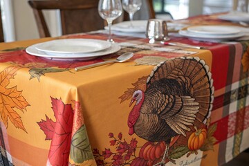 Dinner tablecloth with Thanksgiving colors and turkey theme printed on it