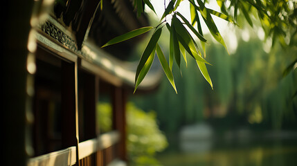 Ethereal Asian architecture peeks through bamboo leaves. The blurred natural background adds depth & mystery to this serene scene. Inviting & peaceful.
