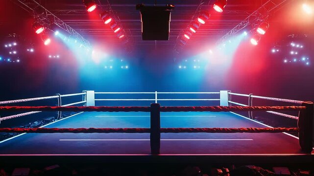 A boxing ring illuminated by dramatic lights, ready for an intense match.