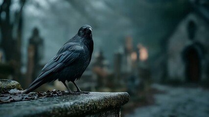 In a gloomy cemetery, a dark raven sits on an ancient gravestone. - Powered by Adobe