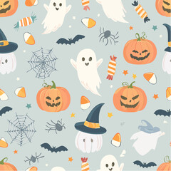 Festive Halloween seamless pattern with cute ghosts, smiling pumpkins, colorful candies, spooky spiders, webs, and flying bats. Ideal for backgrounds, textiles, and seasonal decoration