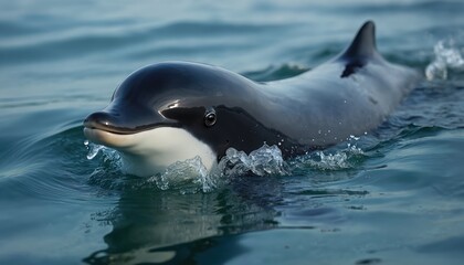 Obraz premium Porpoise swims in ocean water. Marine mammal surfaces with ripples. Black and white animal in natural habitat. Wildlife portrait in sea. Oceanography research of cetacean family.