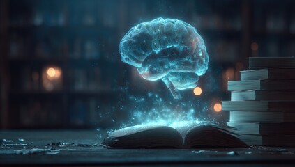 Holographic brain over an open book in a dimly lit room