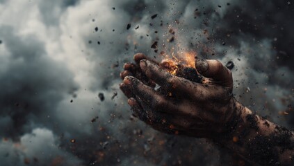 Hands holding burning embers against a stormy sky