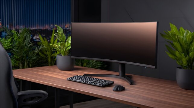 Modern workspace featuring a curved monitor, keyboard, and mouse with plants in a cityscape background