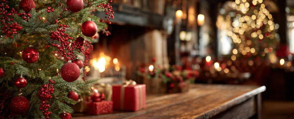 Cozy festive Christmas tree with red decoration and warm glowing gift boxes