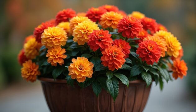 Potted begonia flowers in warm orange, red hues display abundant blooms. Rich green foliage complements vibrant blossoms, creating striking natural display. Plant thrives outdoors bringing color, - Powered by Adobe