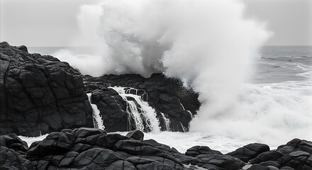 Ocean waves crashing against the rugged coastal rocks in monochrome.