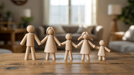 A photograph of wooden family figurines arranged in a line on a weathered wooden surface.