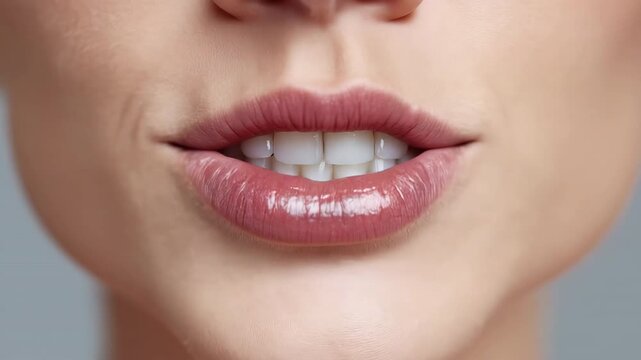A close-up of a lady exposing her teeth and tongue.