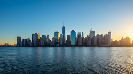 Obraz premium Ocean View with Modern City Skyscrapers and Blue Sky Scenic Urban Landscape
