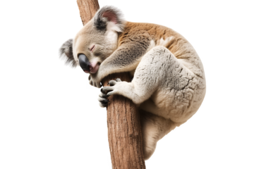 A sleeping koala clings to a tree trunk with its eyes closed and paws wrapped around the wood