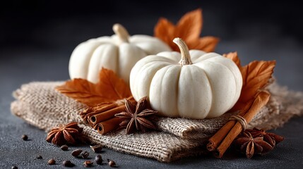Two small white pumpkins sit atop burlap, accented by cinnamon sticks, star anise, and autumn leaves, creating a warm and inviting autumnal still life.