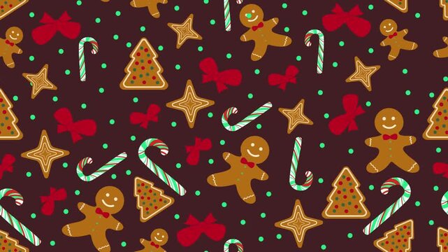 Festive animated pattern of gingerbread men, candy canes, and cookies scrolling on a dark background. Looping animation perfect for Christmas or holiday baking themes.