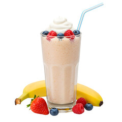 Refreshing Banana Smoothie with Fresh Fruit and Creamy Topping, isolated on white background, PNG Format.