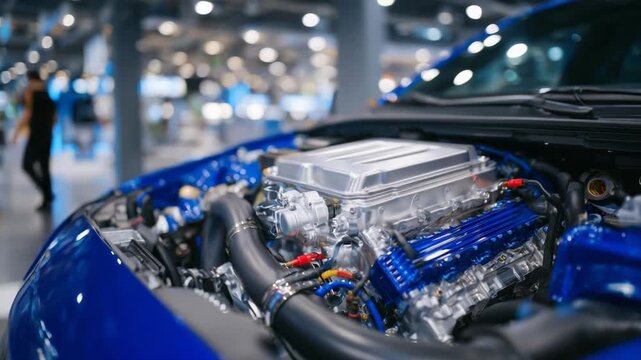 Explore a high-detail close-up of a modern SUV engine, showcasing polished metallic surfaces, neatly arranged electrical connectors, and hoses.