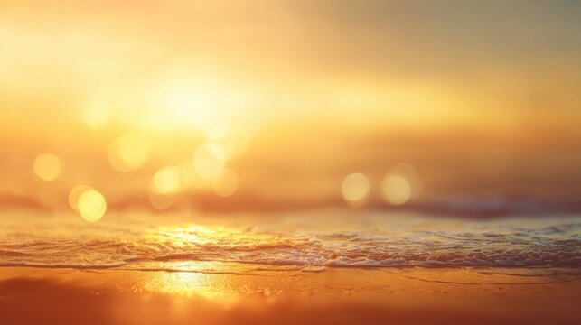 Blurred sunlight with orange and yellow tones over a soft beach texture, creating a dreamy and warm sunset coastal background.