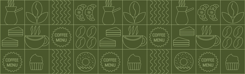 Geometric coffee pattern in minimalist style. Geometric line drawing. Abstract print background with simple shapes for coffee shop, food packaging, cafe wall, menu.