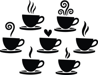 Silhouette coffee cups with steam and heart on white background