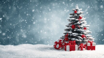 Obraz premium Snowy blue winter scene showcases frosted pine, red ornaments, and wrapped gifts. For Christmas cards, holiday posters, or branding.
