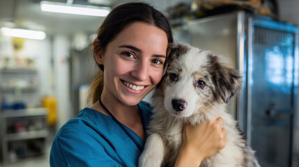 Portrait of a woman veterinarian in scrubs, gently holding a dog in a veterinary clinic