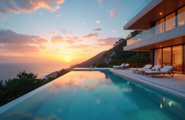 Fototapeta premium Luxury villa boasts infinity pool with ocean view at sunset. Resort offers relaxation, elegance, tropical charm, peaceful ambience. Home modern design, comfort. Ideal for vacations getaways life