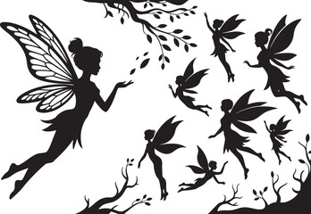 Silhouette Fairies Flying Around Branches Seamless Vector Pattern Illustration