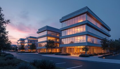 Obraz premium Modern office buildings with glass facades, glowing windows at dusk. Cluster of contemporary structures with smooth exterior, illuminated interior. Trees, bushes surround parking lot, sidewalk. Blue