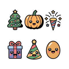 Fototapeta premium Holiday celebration icons set with Christmas tree pumpkin gift and fireworks in kawaii style