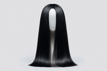 Long straight black wig on mannequin head, smooth texture, isolated on white background