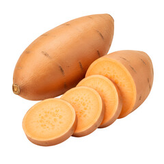 Fresh, raw sweet potato slices, showing vibrant orange color and clean texture. Isolated on a white background in PNG format, perfect for healthy food, diet, and cooking concepts.