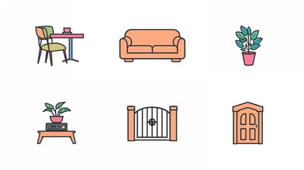 Furniture and Fixtures Illustration Coffee Table, Sofa, Plant Pot, Gate, and Door