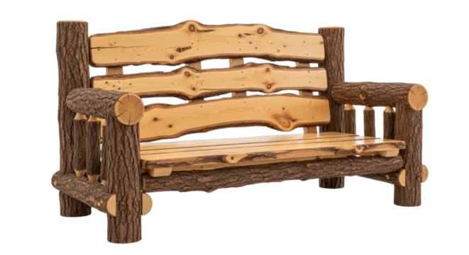 A rustic log cabin-style wooden bench isolated on white background cutout transparent png