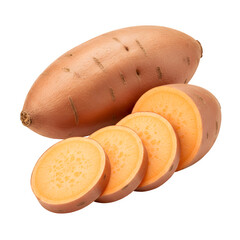 Fresh, raw sweet potato slices, showing vibrant orange color and clean texture. Isolated on a white background in PNG format, perfect for healthy food, diet, and cooking concepts.