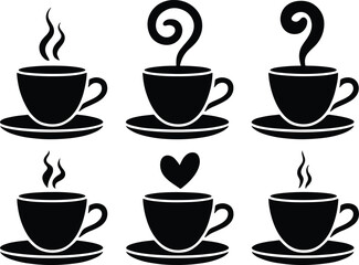 Variety of coffee cups with different symbolic steam on white background