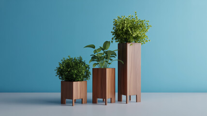 A minimalist product photography setup featuring three cylindrical wooden planters of varying heights arranged in ascending order from left to right on a light gray surface.