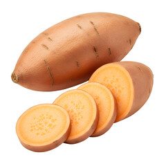 Fresh, raw sweet potato slices, showing vibrant orange color and clean texture. Isolated on a white background in PNG format, perfect for healthy food, diet, and cooking concepts.